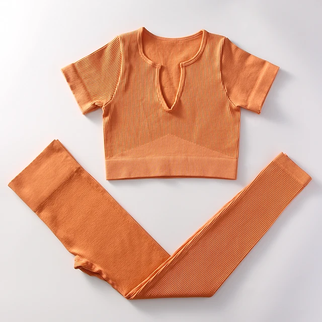 Flexelevate Women Orange Yoga Set Seamless Workout Clothes