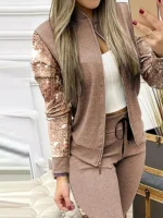 Flexelevate Women's Brown Sequin Top and Leggings Two-Piece Set