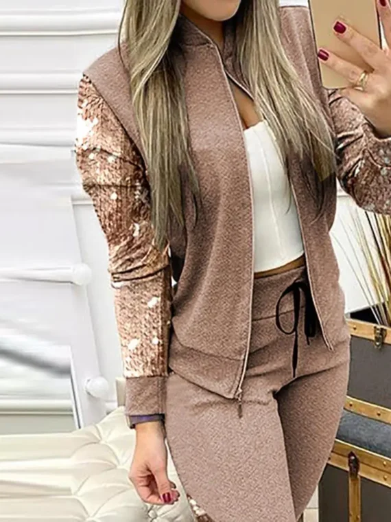 Flexelevate Women's Brown Sequin Top and Leggings Two-Piece Set