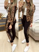 Flexelevate Women's Leopard Sequin Top and Leggings Two-Piece Set
