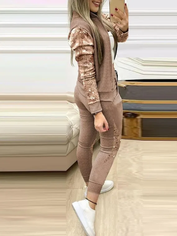 Flexelevate Women's Brown Sequin Top and Leggings Two-Piece Set