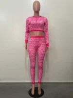 Flexelevate Fashion Geometric Print Zipper Up Crop Top And Matching Legging Suits Set