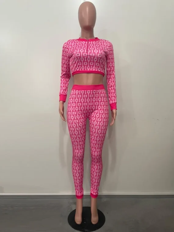 Flexelevate Fashion Geometric Print Zipper Up Crop Top And Matching Legging Suits Set