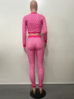 Flexelevate Fashion Geometric Print Zipper Up Crop Top And Matching Legging Suits Set