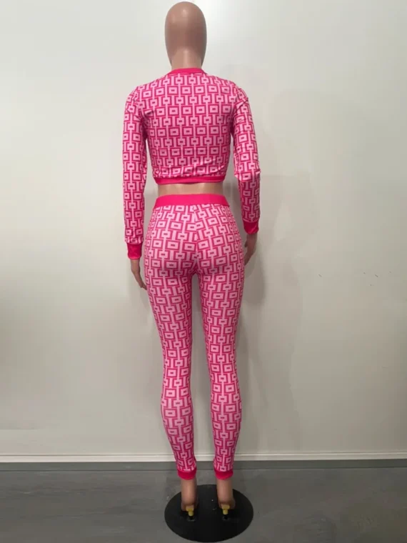 Flexelevate Fashion Geometric Print Zipper Up Crop Top And Matching Legging Suits Set