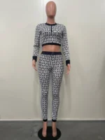 Flexelevate Fashion Geometric Print Zipper Up Crop Top And Matching Legging Suits Set