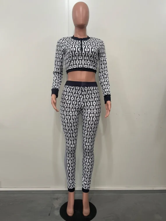 Flexelevate Fashion Geometric Print Zipper Up Crop Top And Matching Legging Suits Set